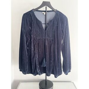 reCreation Navy Blue Velvet‎ Boho Sz L Peasant Top Crochet Trim Tassel Blouse